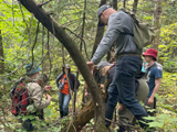 Participants réunis autour d'un animateur dans la cédrière humide. - Photo : Catherine Xu